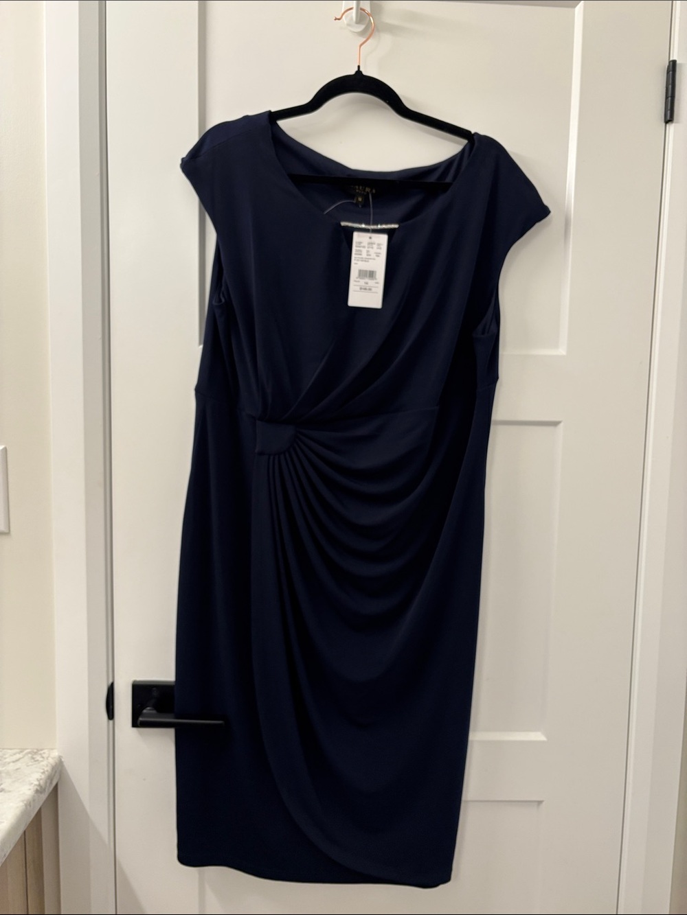 Navy Draped Midi Dress with Waist Detail